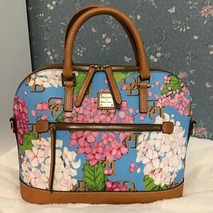 Dooney & Bourke hydrangea Monogram floral zip domed satchel in blue